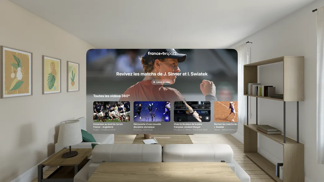 France tv sport replay interface in a living room on Vision Pro