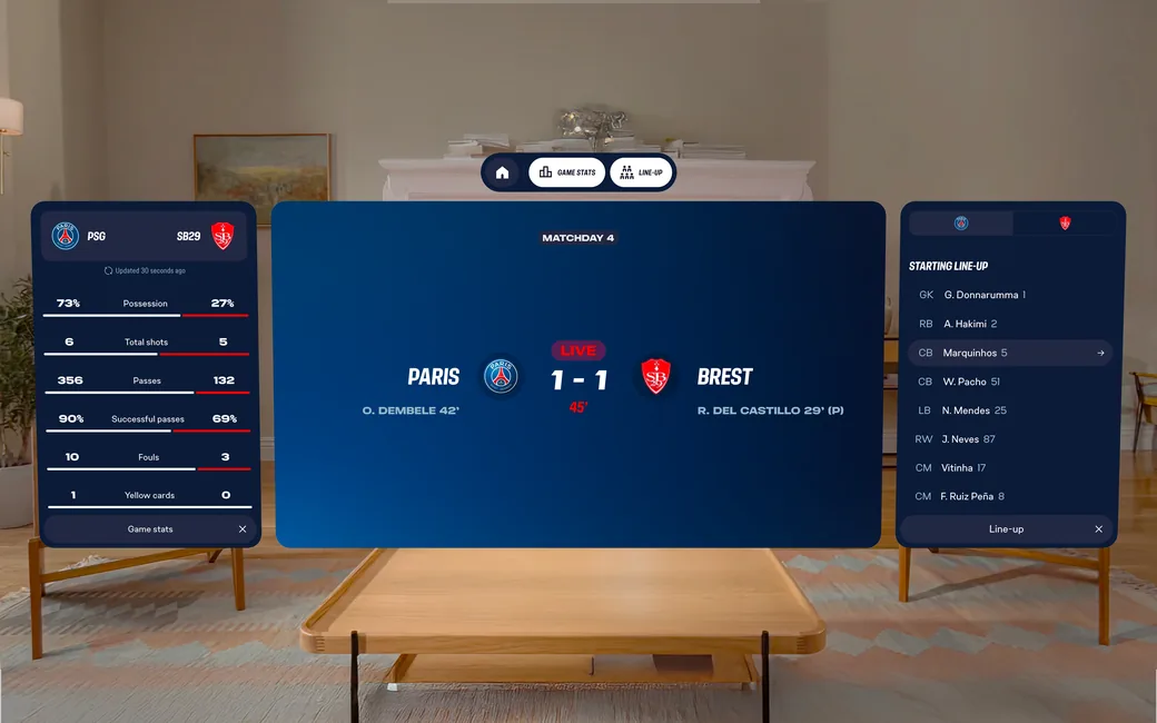 PSG match interface floating in a living room, on an Android XR headset