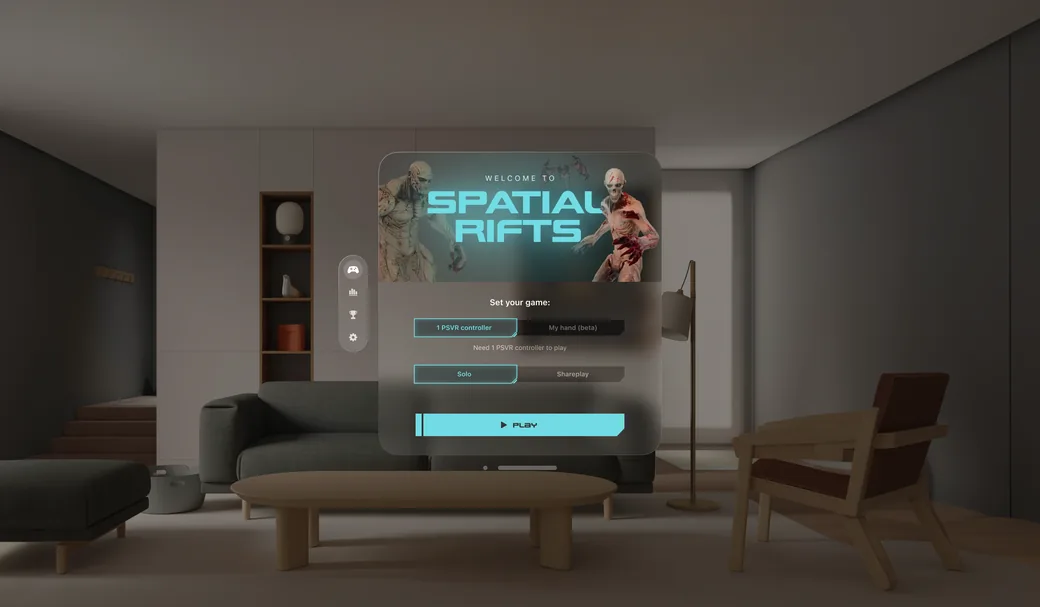 Spatial Rifts game menu floating in a living room on Vision Pro